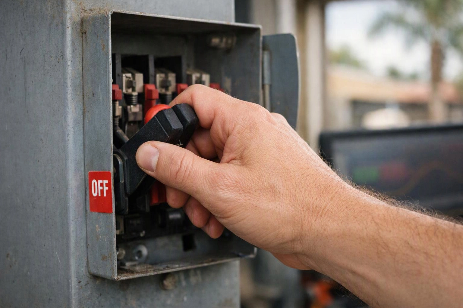 A hand flips a switch inside an open electrical box marked OFF outdoors