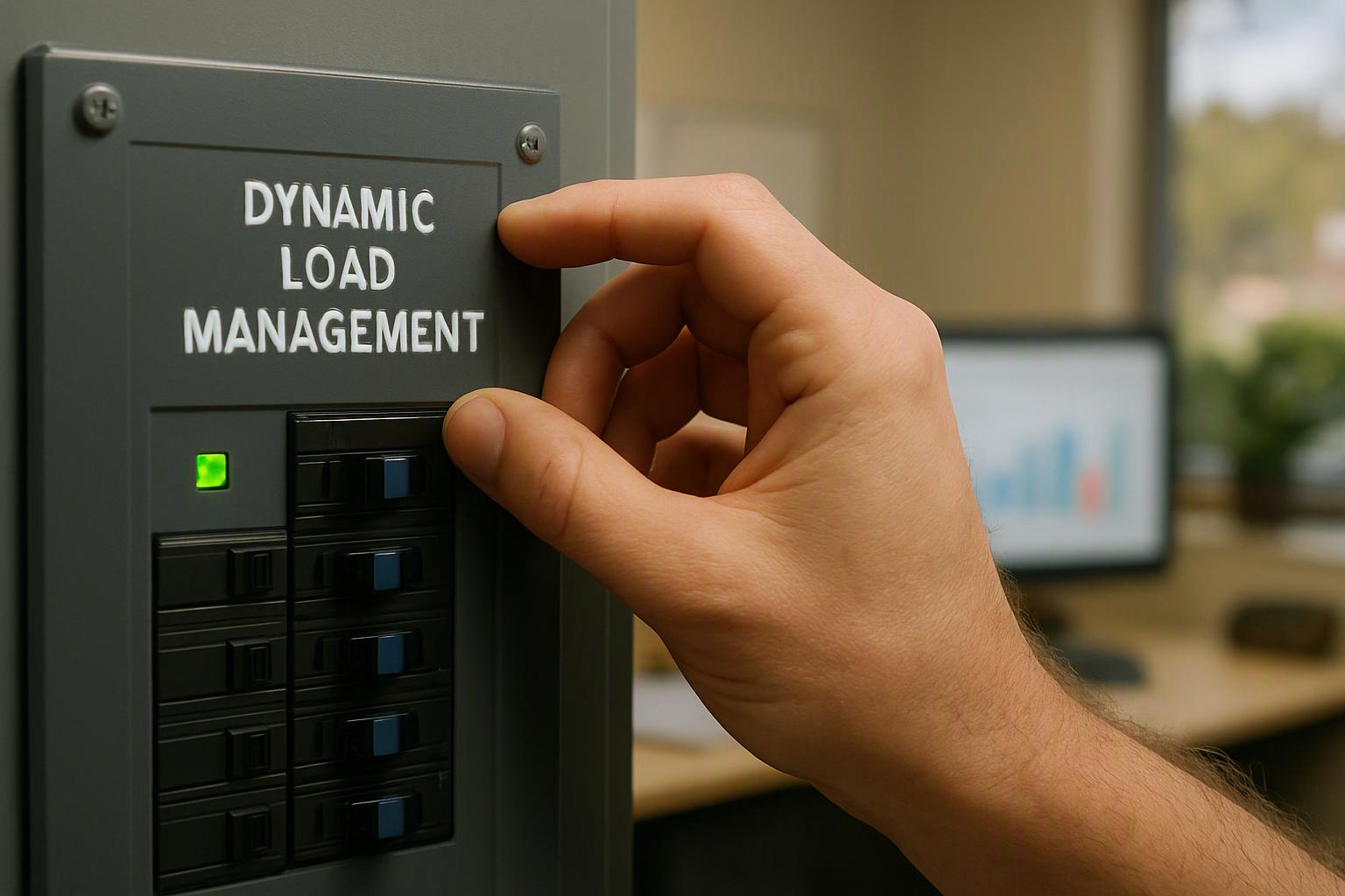A hand adjusts a breaker panel labeled “Dynamic Load Management” in an office setting