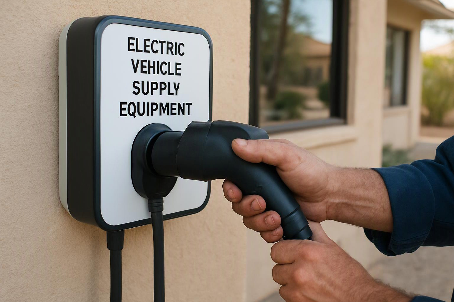 A hand plugs an electric vehicle charger into a wall-mounted unit outside a beige building