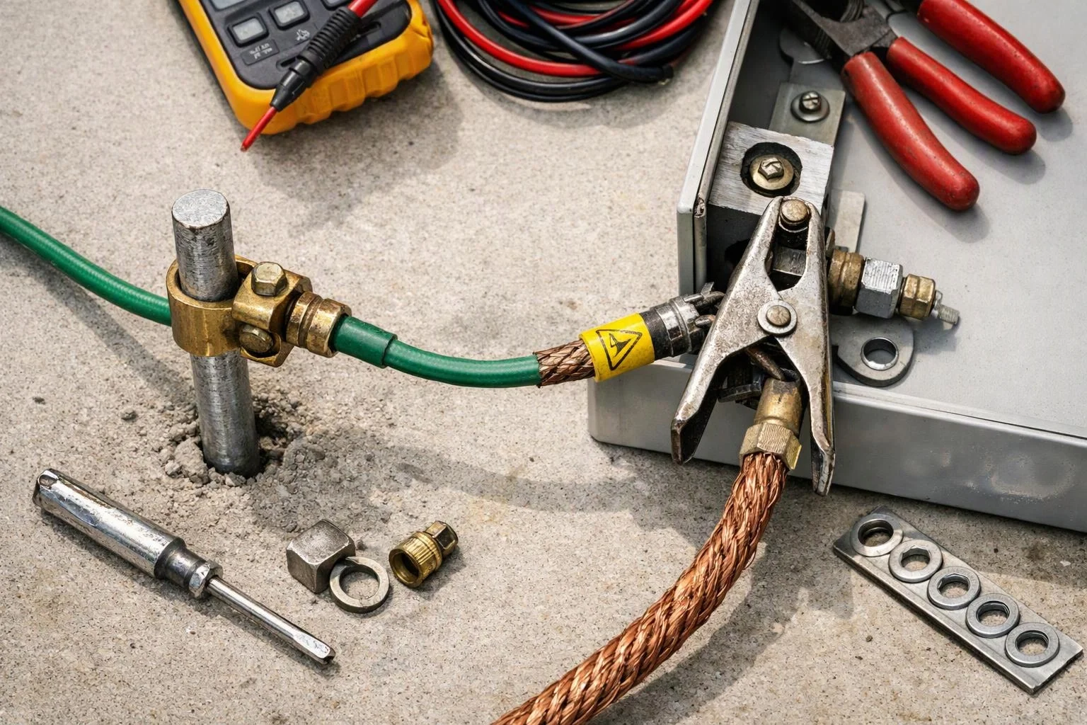 Electrical grounding tools and cables lie on concrete beside a metal box and pliers