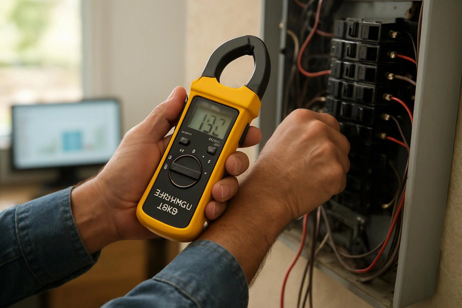 Hands use a yellow clamp meter to test wiring inside an open electrical panel