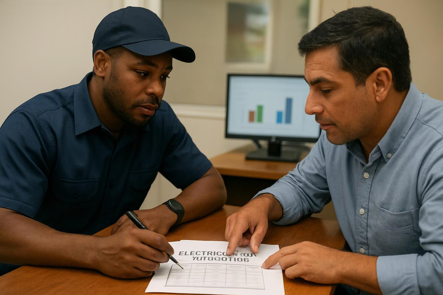 Two men review a form at a desk, one points while the other writes, with a chart on a computer behind them