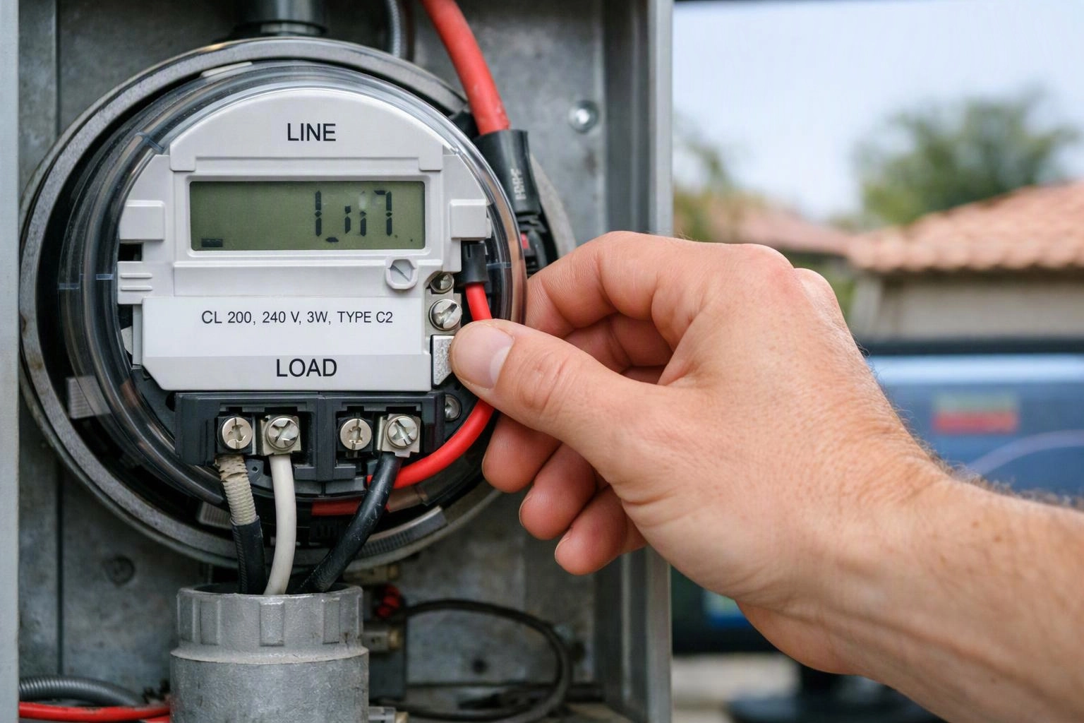 A hand adjusts a digital electrical meter inside a metal panel, with wires and outdoor houses blurred behind it