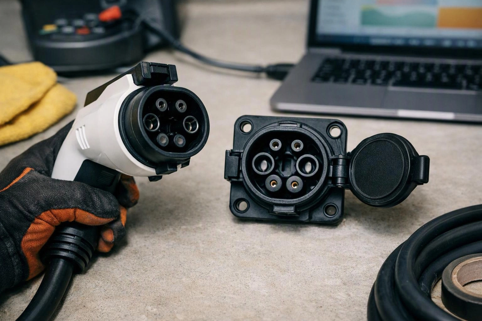 A gloved hand holds an electric vehicle charging plug beside an open charging socket on a workbench