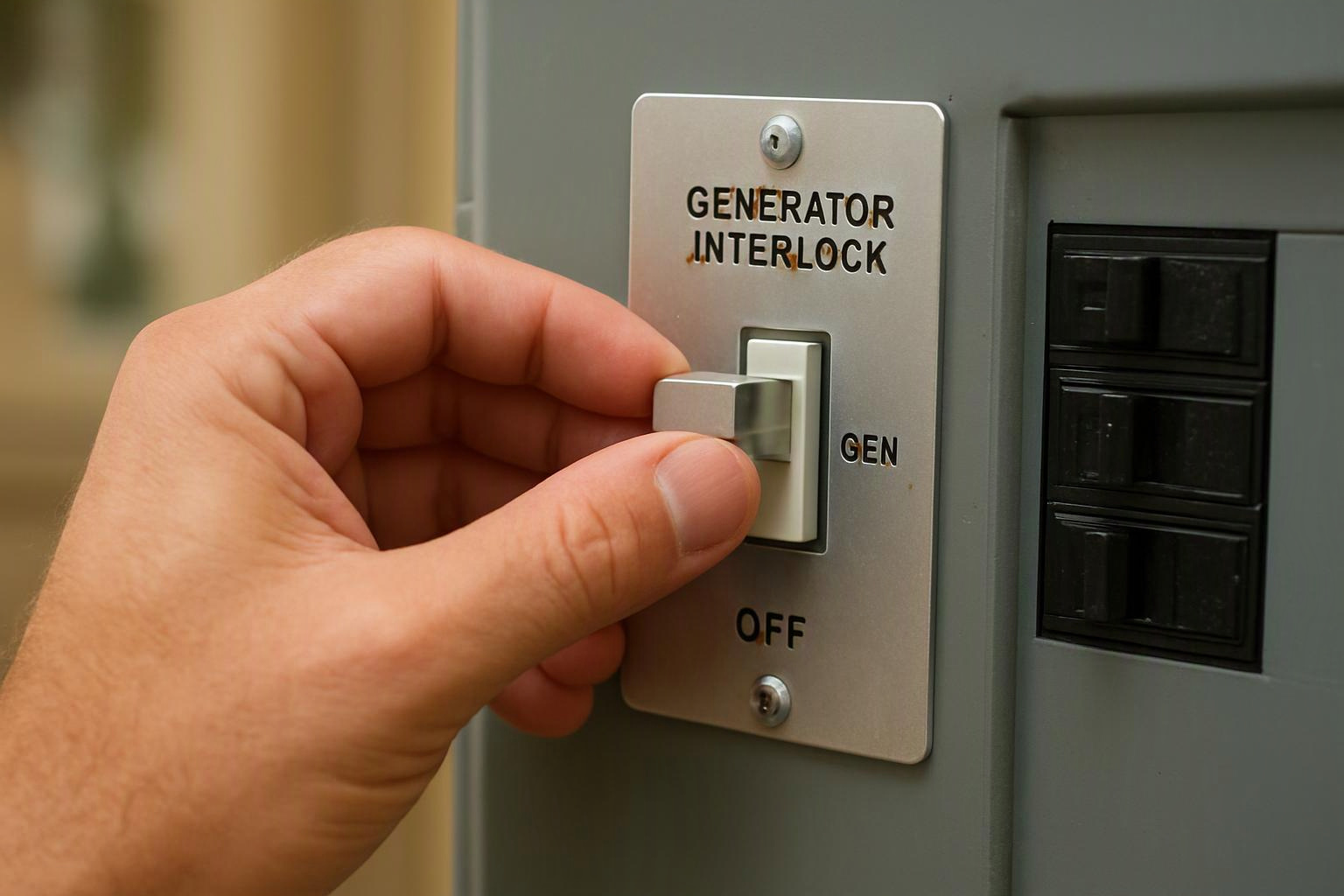 A hand flips a generator interlock switch on a gray electrical panel indoors