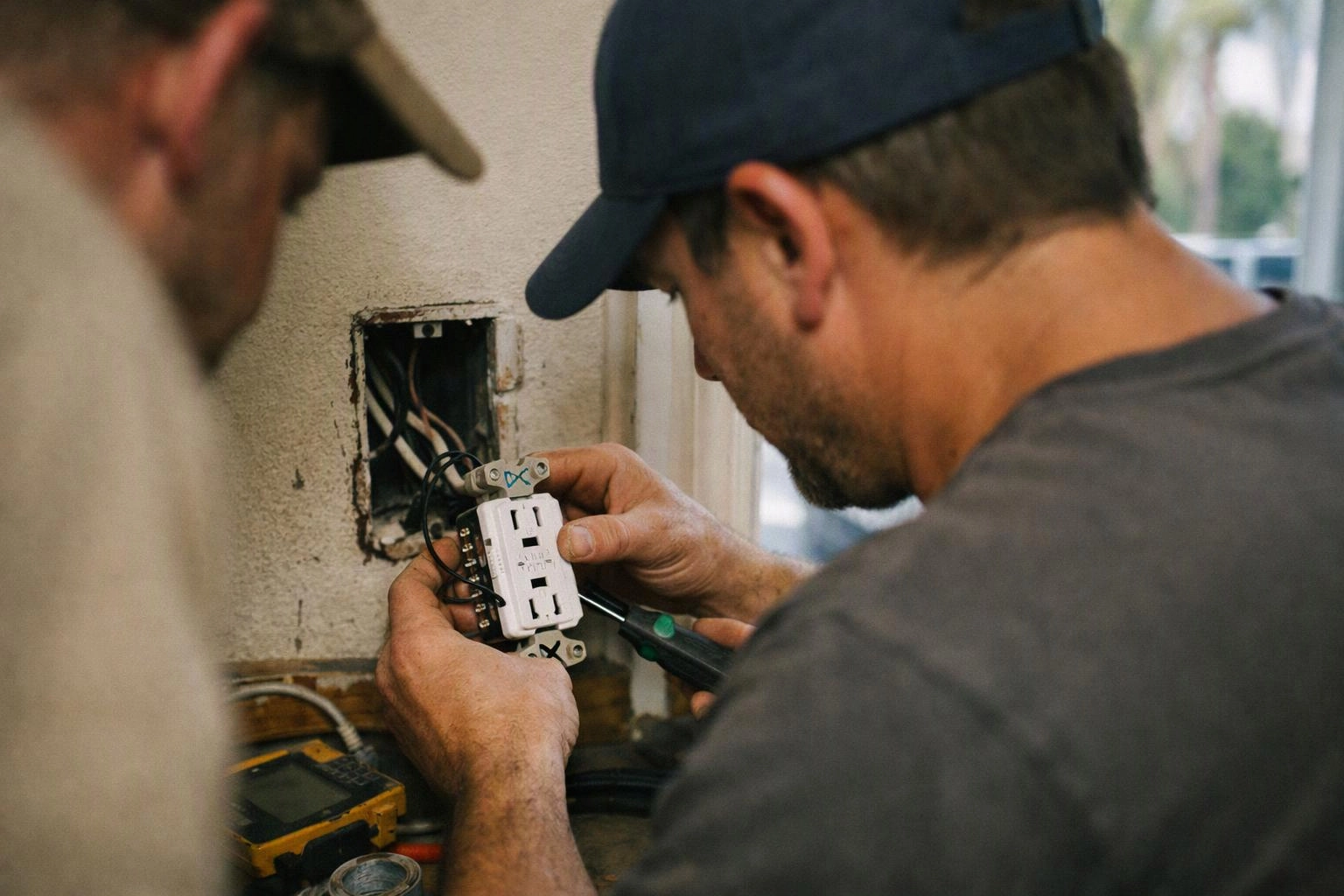Two workers install a wall outlet inside an open electrical box near a window