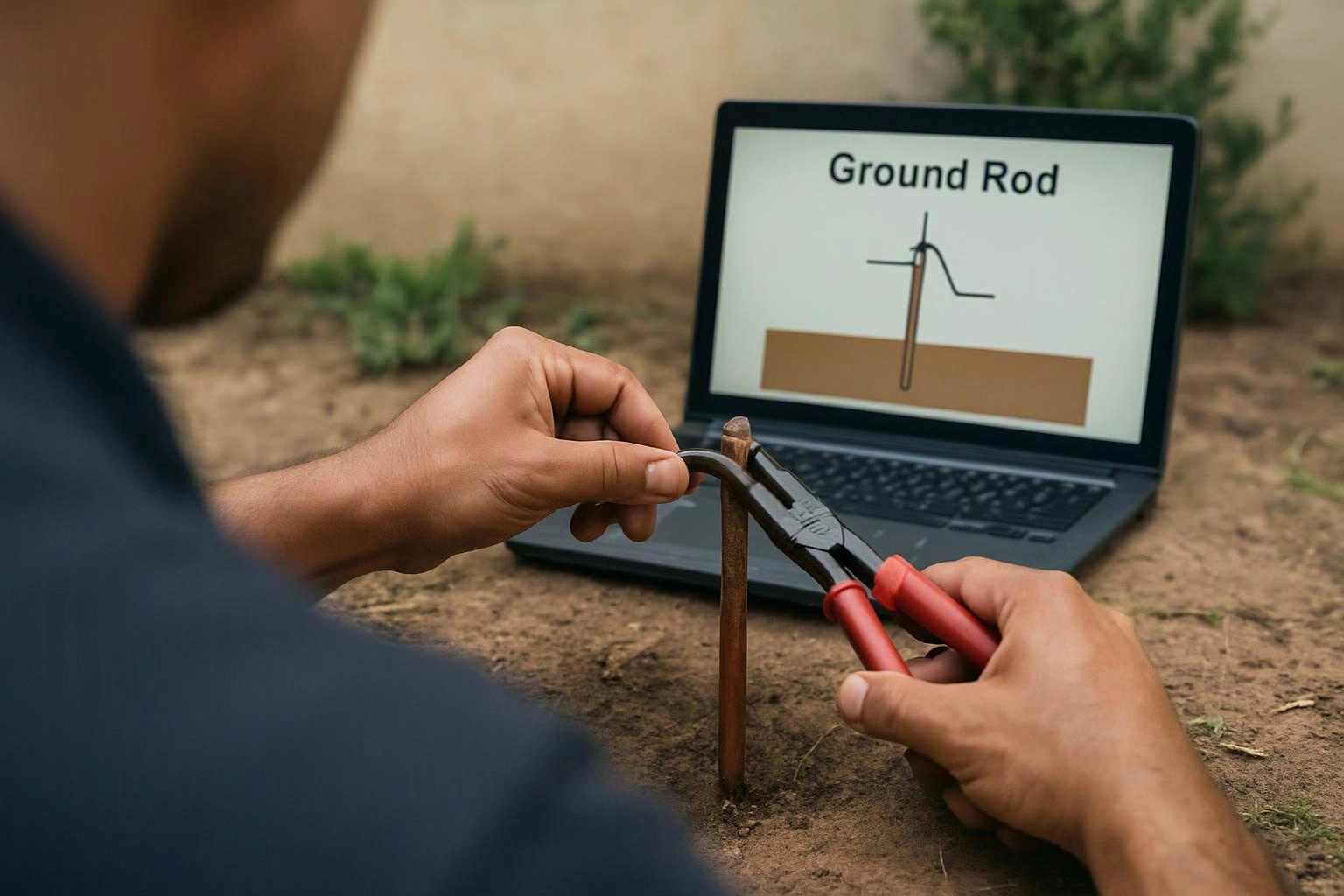 A person bends a metal rod in soil while a laptop shows a ground rod diagram