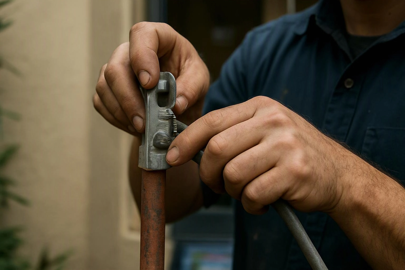 A person grips a metal pipe fitting and a hose, tightening it outdoors against a beige wall