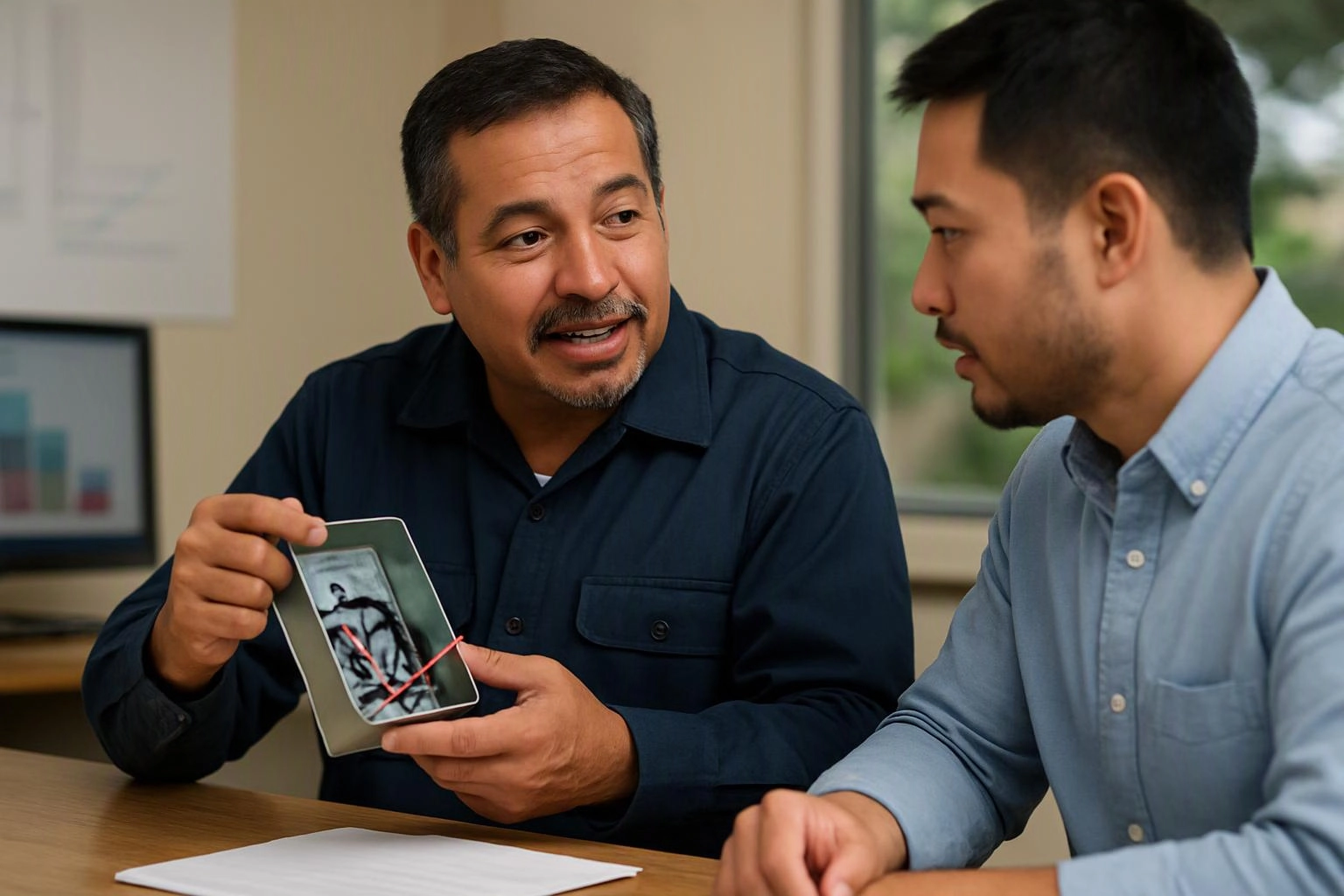 Two men sit at a table, one holding up a tablet with a medical scan while they talk in an office