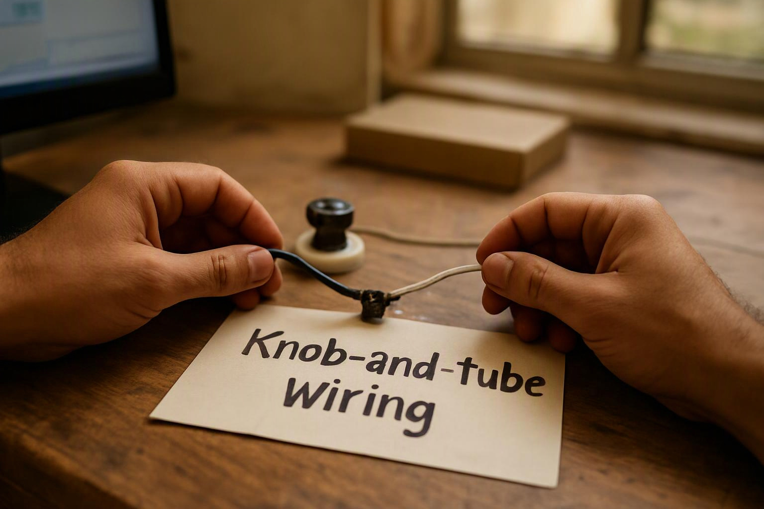 Hands hold two wires above a card labeled “Knob-and-tube Wiring” on a wooden desk