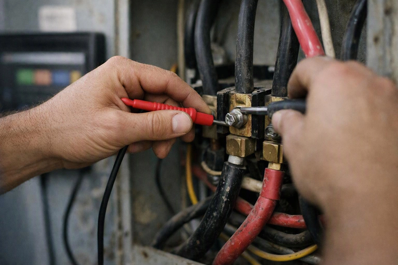 Hands use screwdrivers to tighten electrical connections inside an open metal panel
