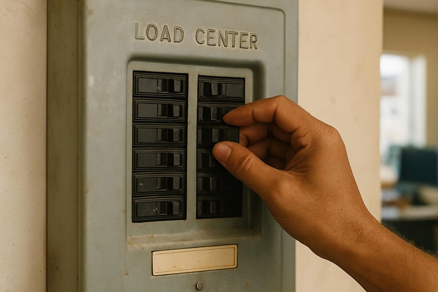 A hand flips a switch on a gray electrical load center mounted on a wall