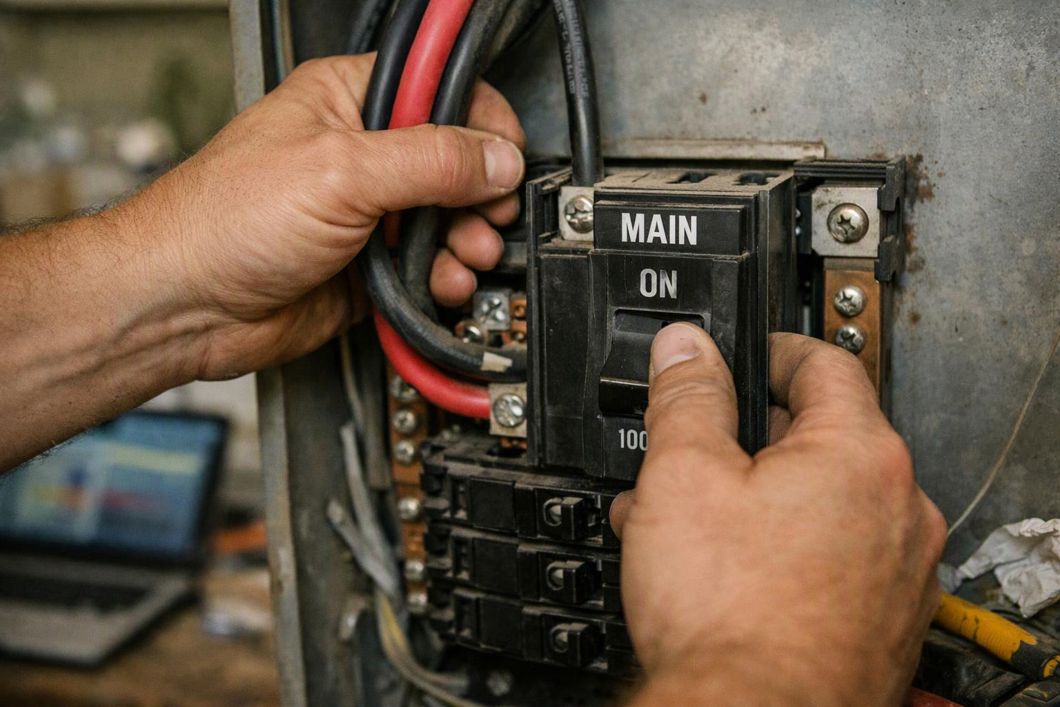 Hands press a main breaker switch inside an electrical panel with thick red and black wires visible