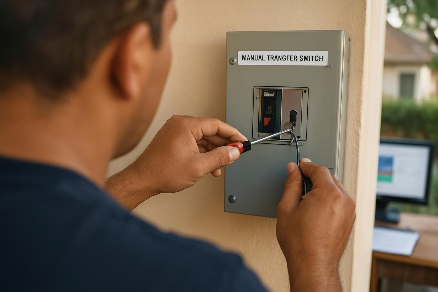 A person uses a screwdriver on a wall-mounted switch box labeled “MANUAL TRANGFER SMITCH”