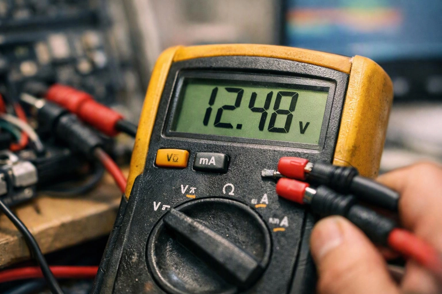 A hand holds a digital multimeter showing 12.48 volts beside connected test leads and wires in a workshop