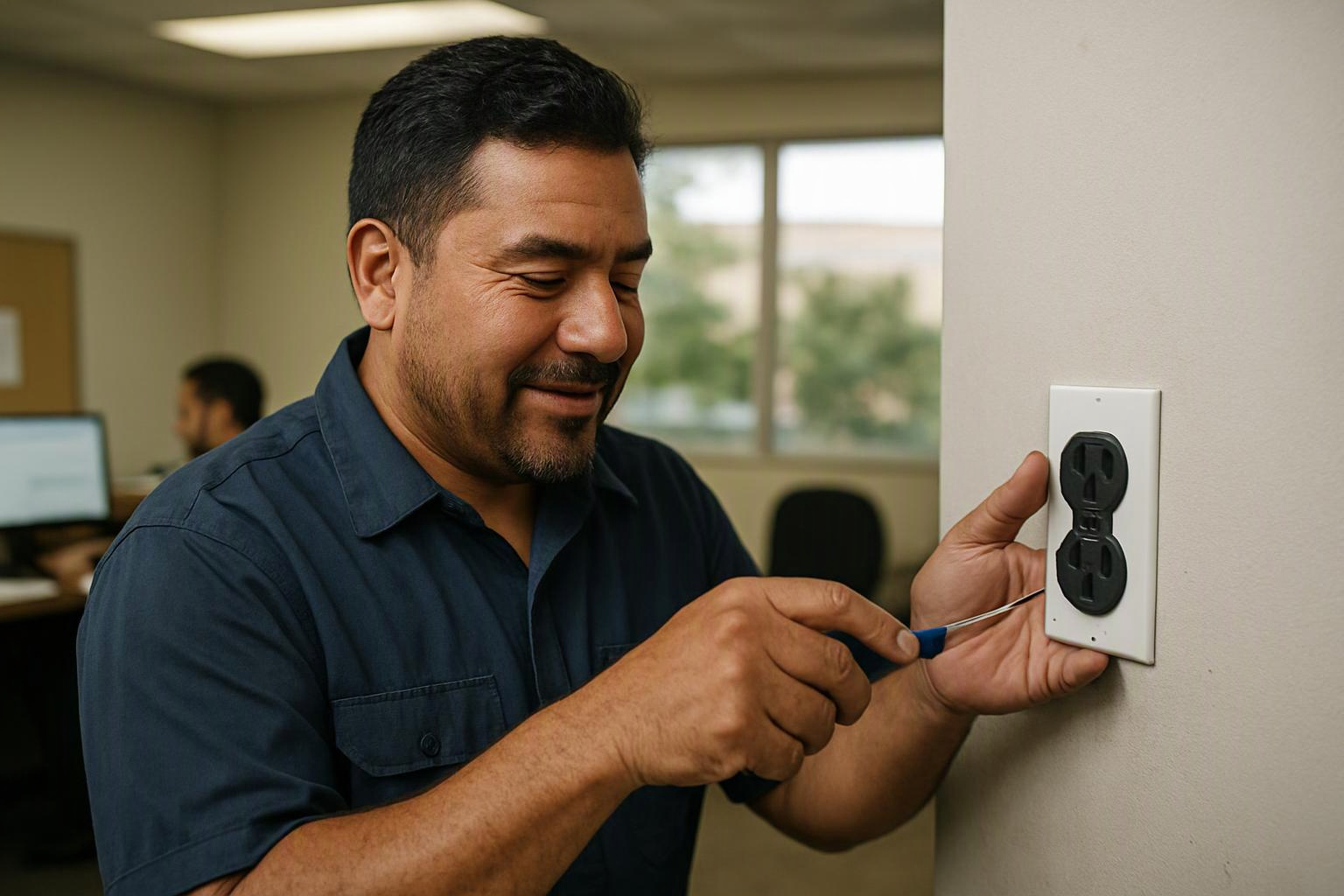 A man uses a screwdriver to fix a wall electrical outlet in an office room
