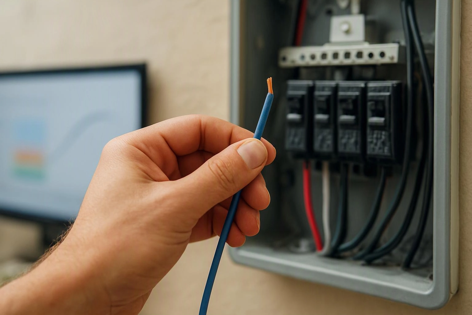 A hand holds a stripped blue wire beside an open electrical breaker panel with several switches and cables
