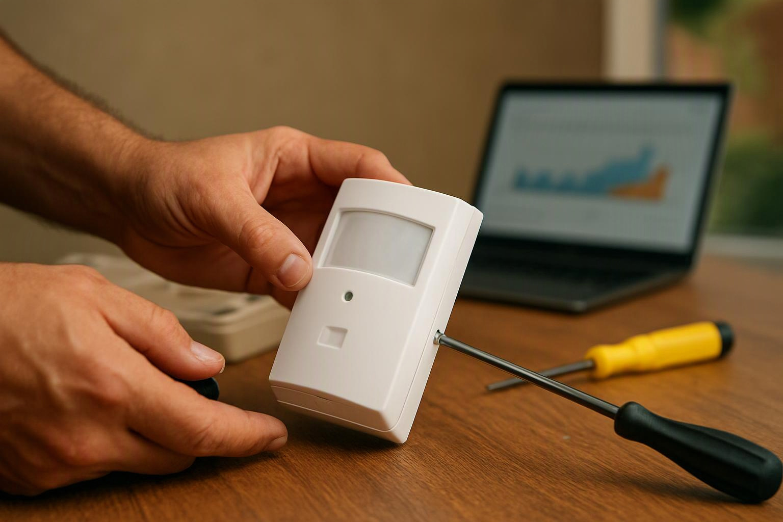 Hands hold a white motion sensor while screwdrivers and a laptop sit on a wooden table