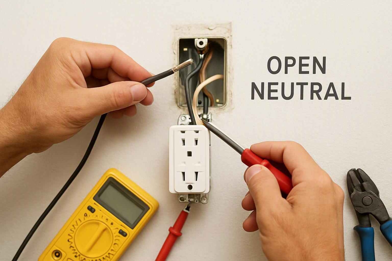 Hands test a wall outlet with exposed wires, a multimeter, and pliers beside the open box