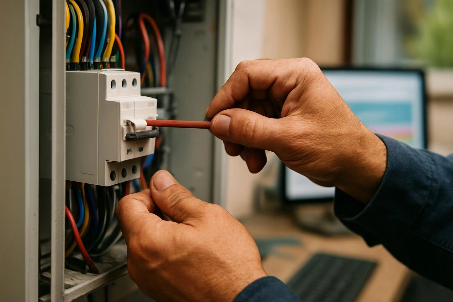 A technician adjusts a circuit breaker inside an electrical panel, with colored wires and a blurred monitor behind it