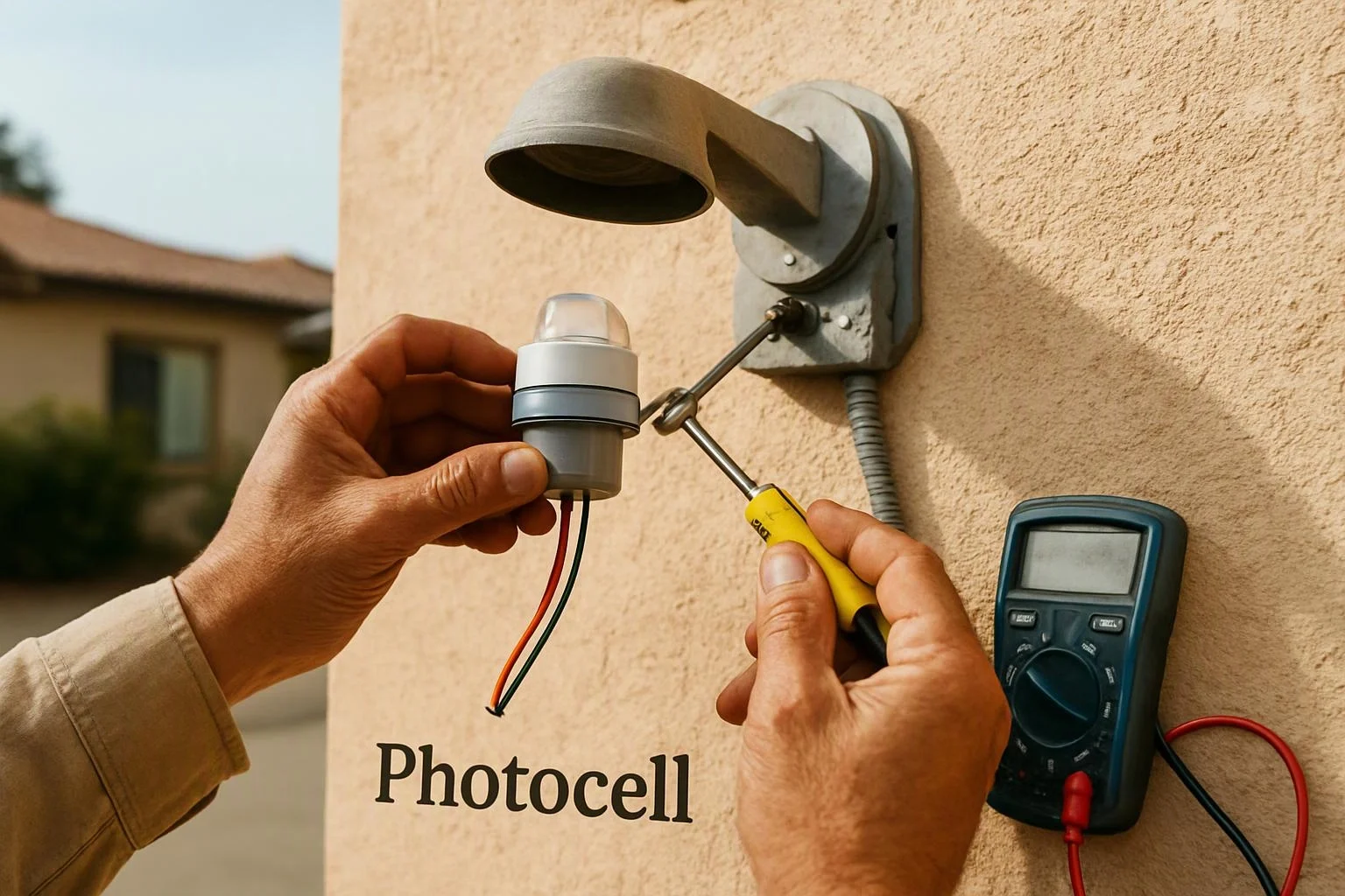 Hands use a screwdriver and multimeter to wire a photocell under an outdoor wall light