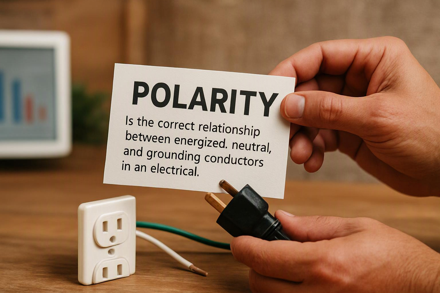 Hands hold a card about polarity beside a plug, loose wires, and a wall outlet on a wooden table