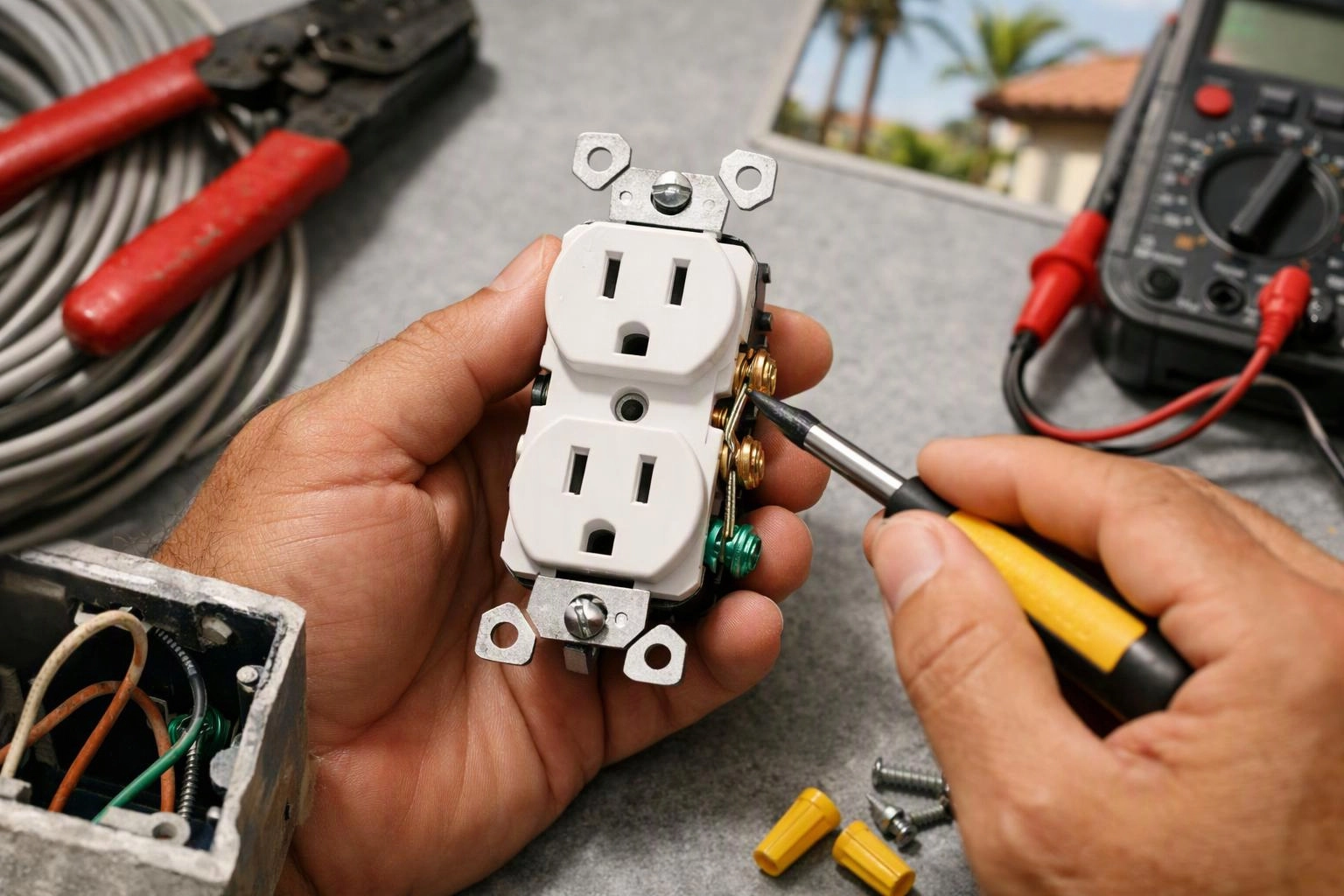Hands hold a white electrical outlet while a screwdriver tightens a side terminal on a workbench