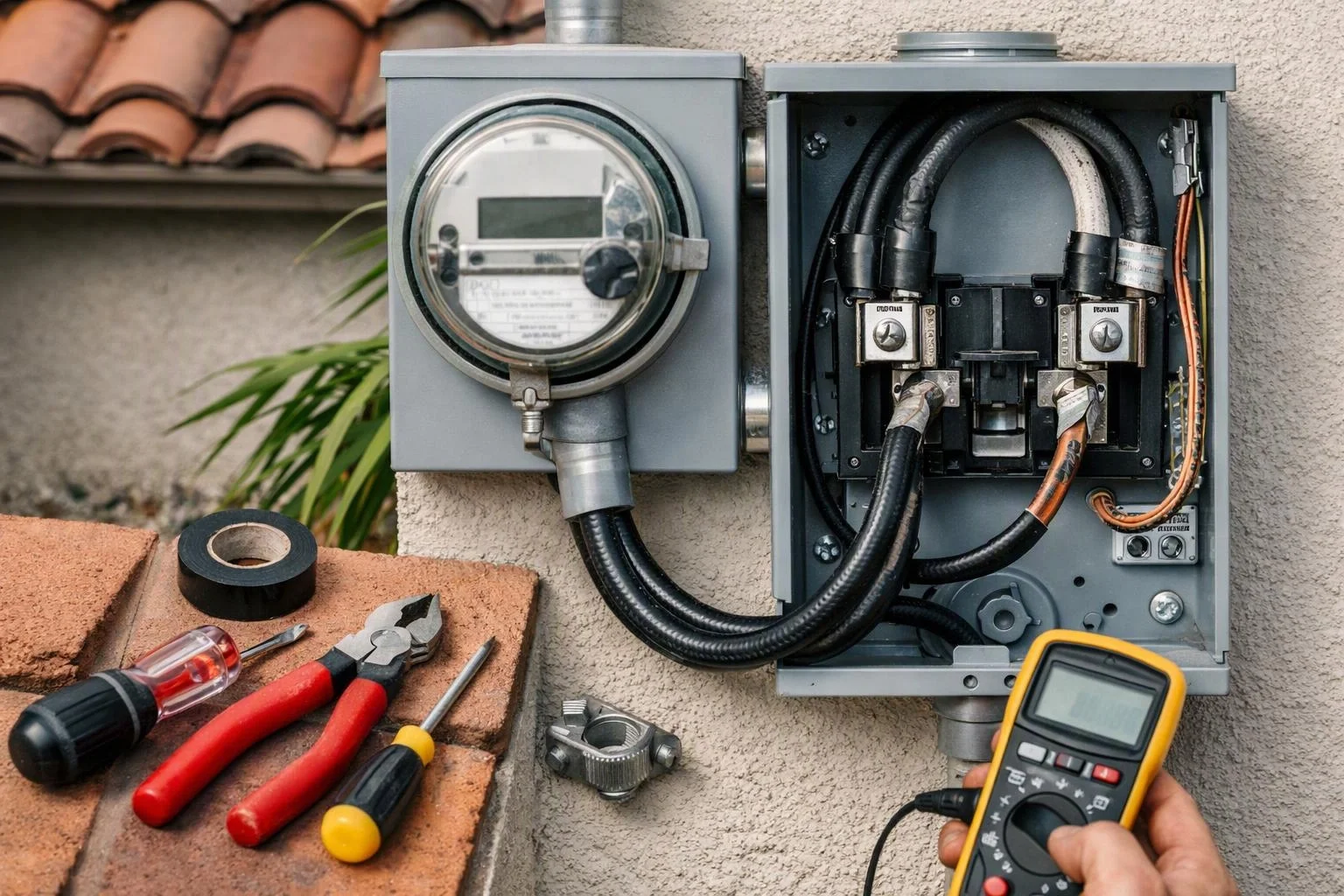 An open electrical meter and panel with exposed wiring sit on an exterior wall, with hand tools and a tester below