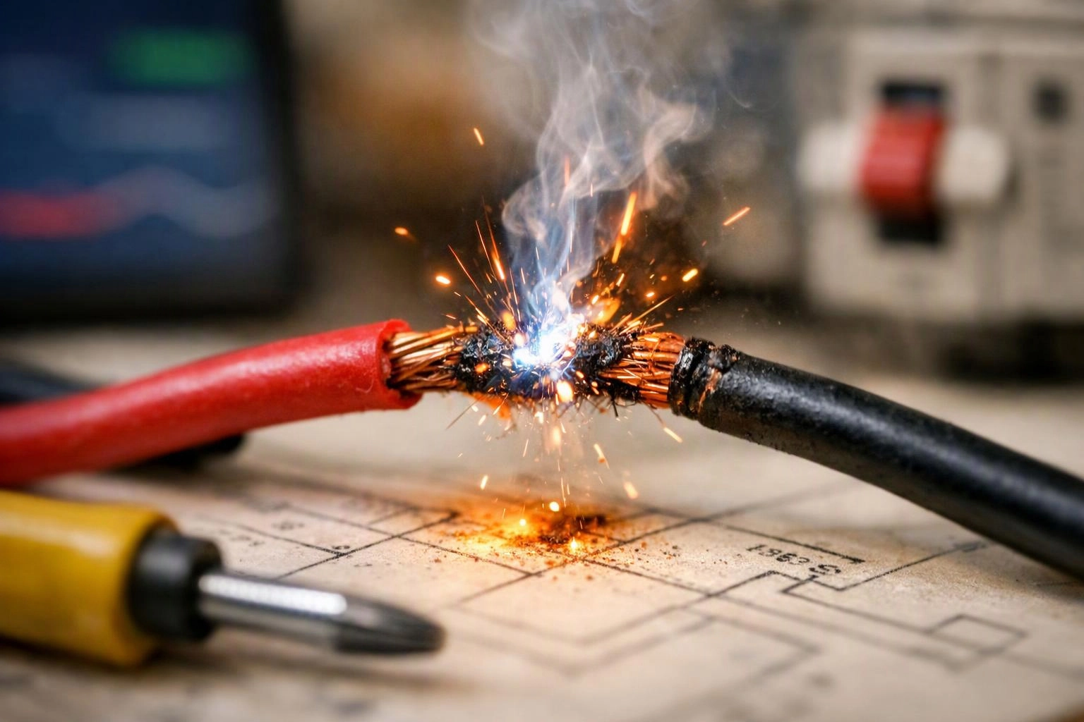 A damaged red and black wire sparks and smokes on a circuit diagram with a screwdriver nearby