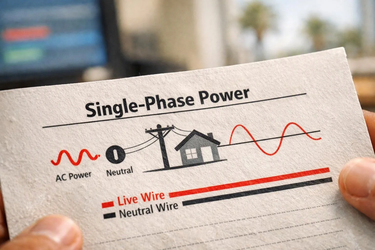 A hand holds a paper diagram labeled "Single-Phase Power" showing AC power, neutral, and live wire lines
