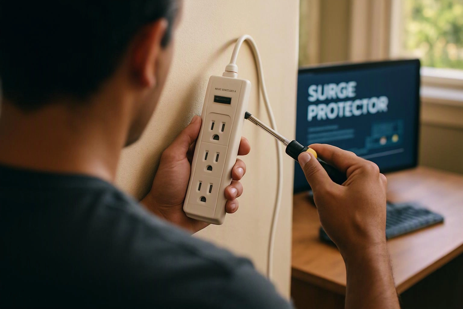 A person tests a wall-mounted power strip with a screwdriver beside a desk and monitor showing “SURGE PROTECTOR”