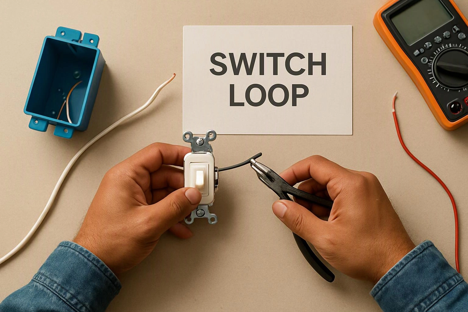 Hands wire a wall switch beside a card reading SWITCH LOOP, with tools and electrical boxes on a work surface