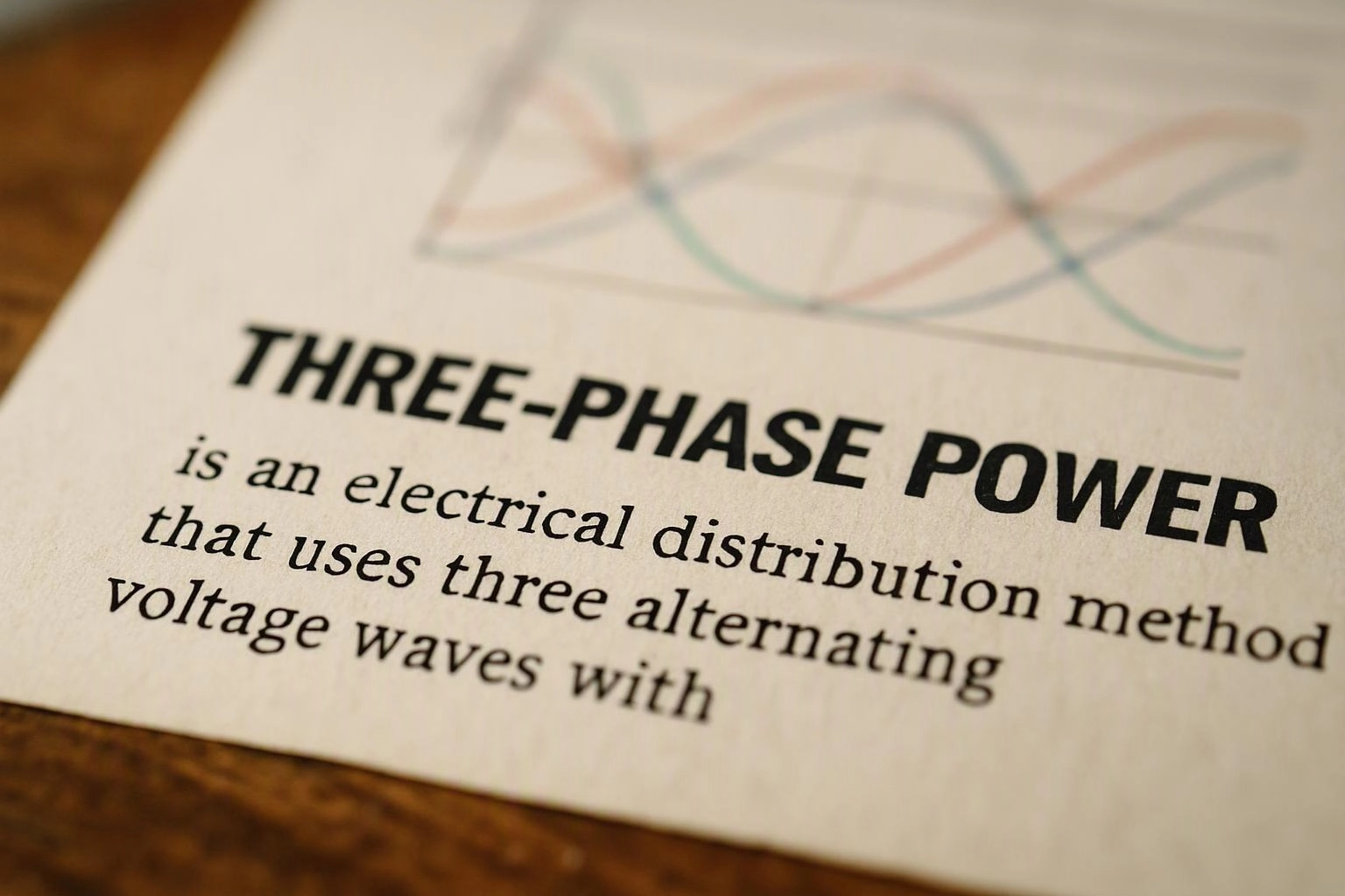 A close-up of a printed page shows the heading "THREE-PHASE POWER" with colored wave lines above it