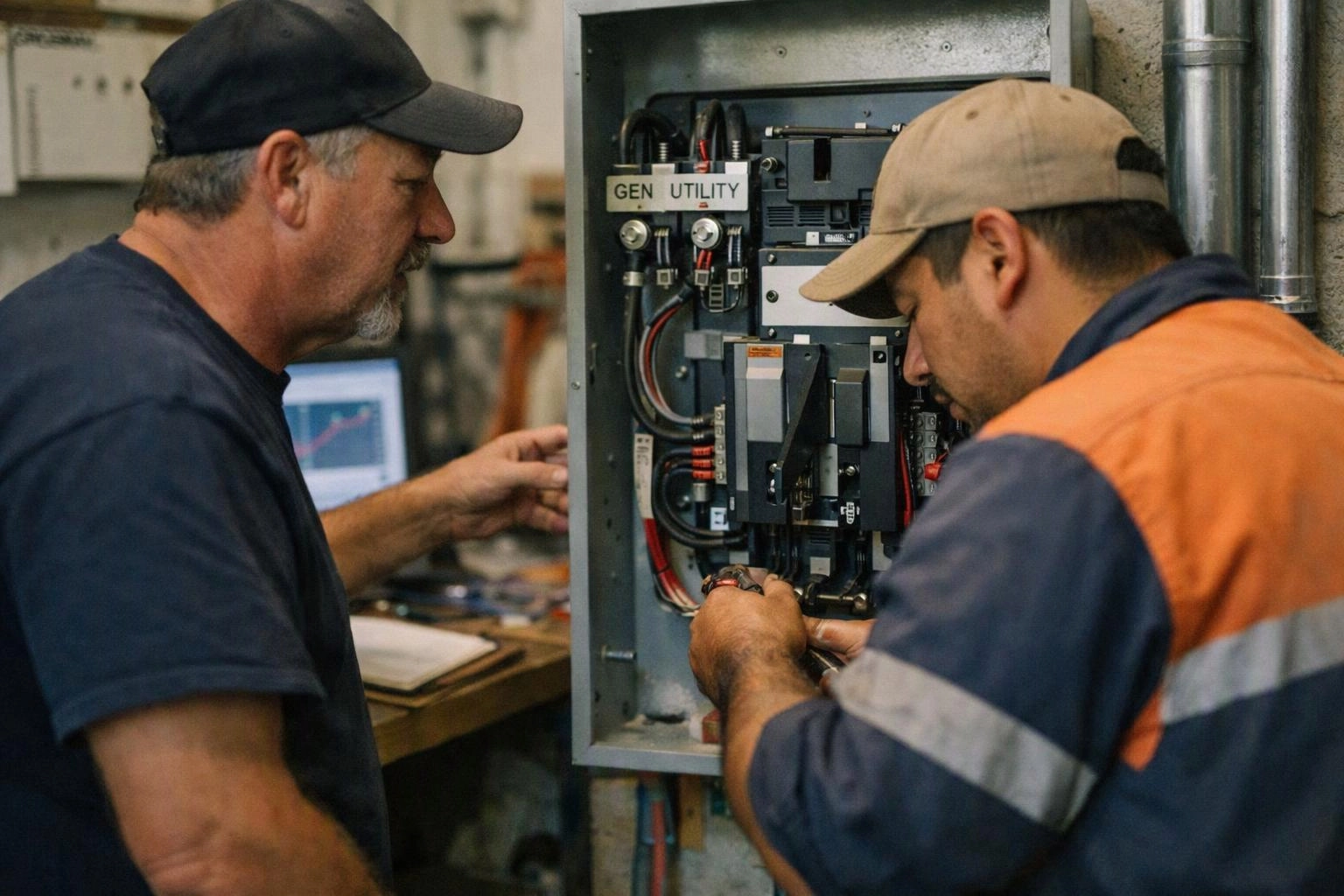 Two workers inspect wiring inside an open electrical control panel in a workshop