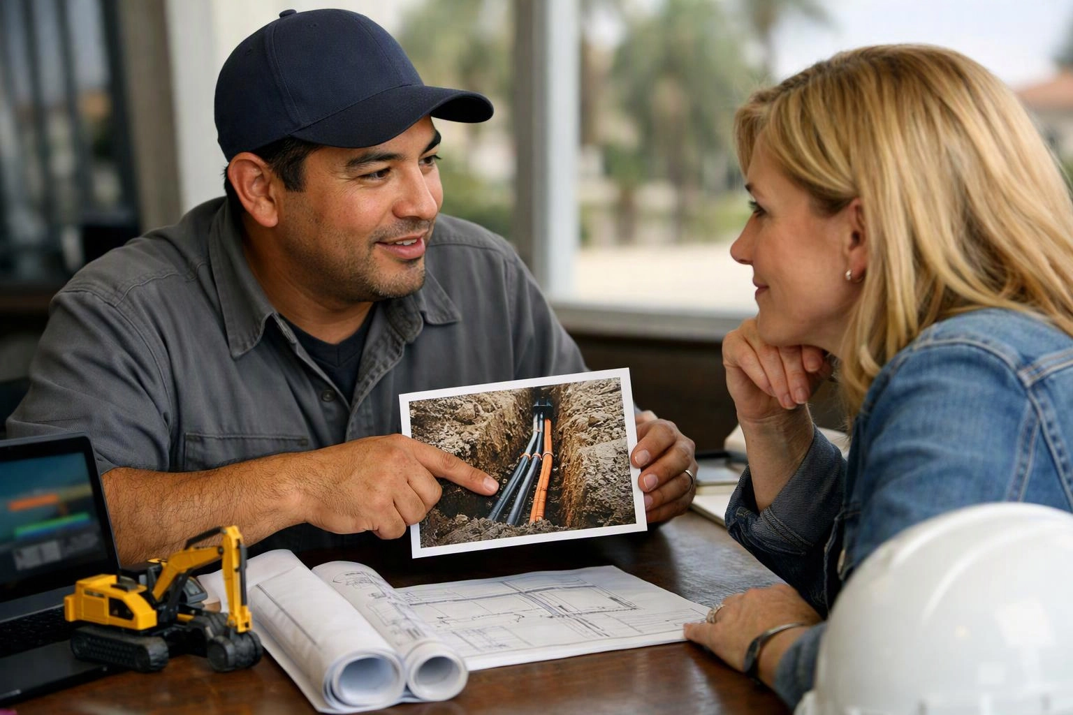 A man shows a woman a photo of buried utility pipes over blueprints at a table