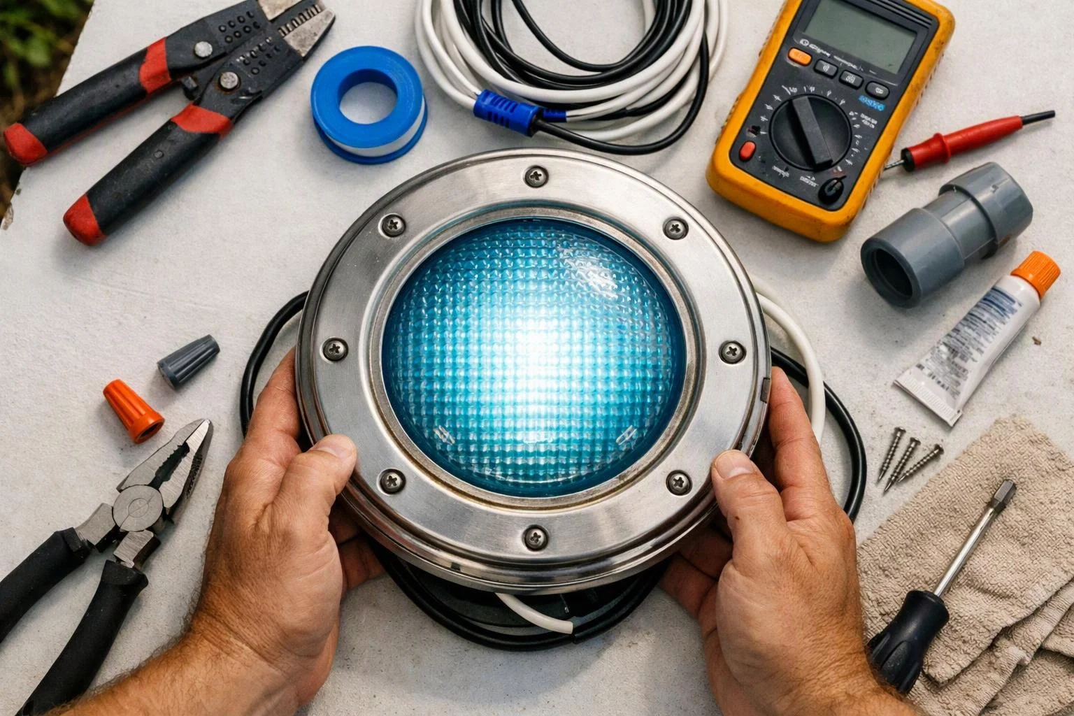 Hands hold a round blue pool light surrounded by wiring, tools, screws, and a multimeter on a work surface