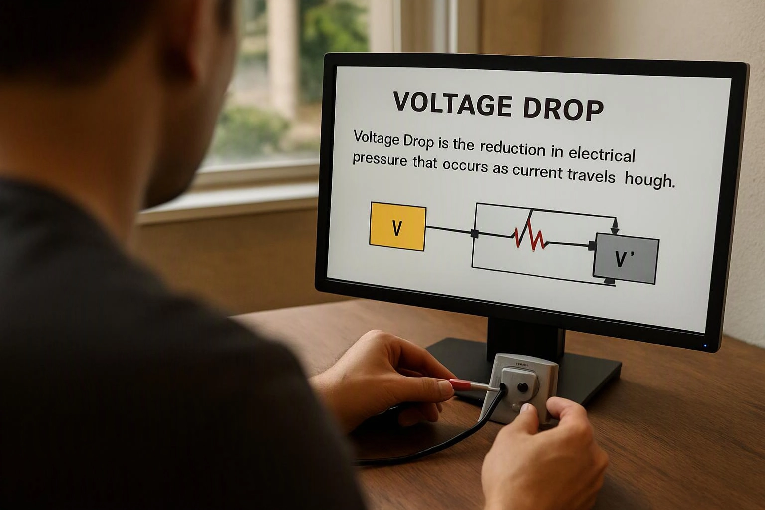 A person connects wires to a desk monitor showing a voltage drop diagram and explanation