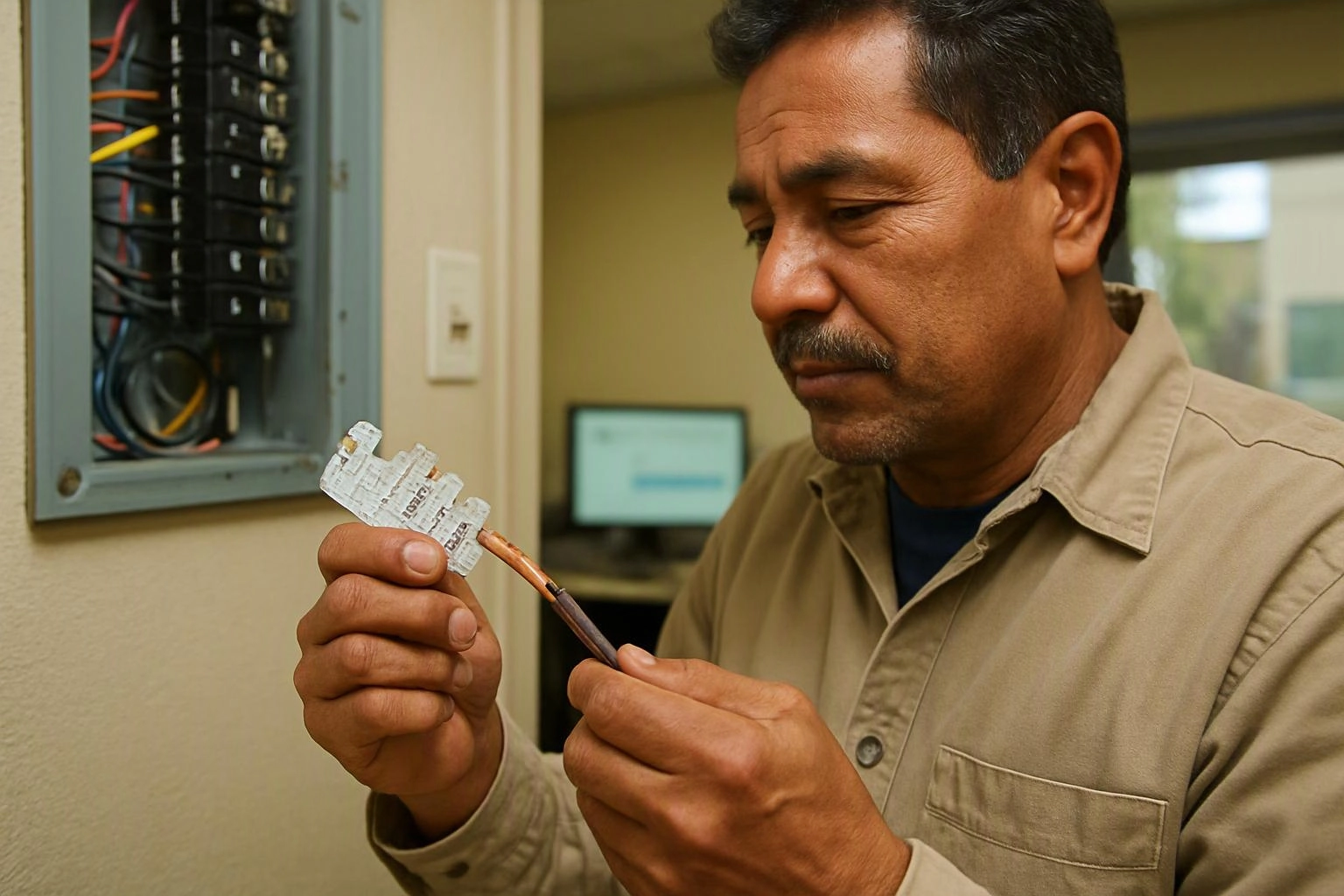 A man inspects a damaged electrical wire beside an open circuit breaker panel indoors