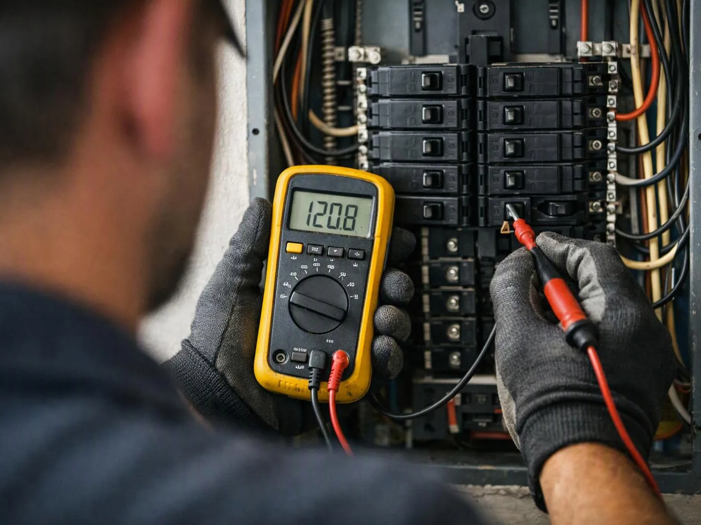 A gloved electrician tests a circuit breaker panel with a digital multimeter showing 120.8