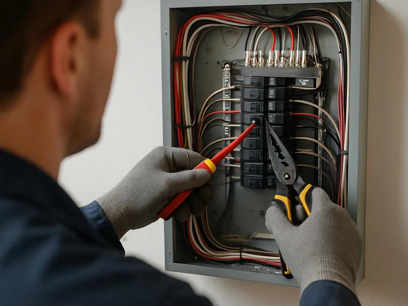 A gloved electrician tests wiring inside an open breaker panel with pliers and a red probe