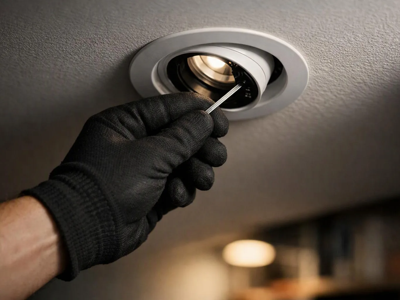 A gloved hand adjusts a recessed ceiling light with a small screwdriver indoors