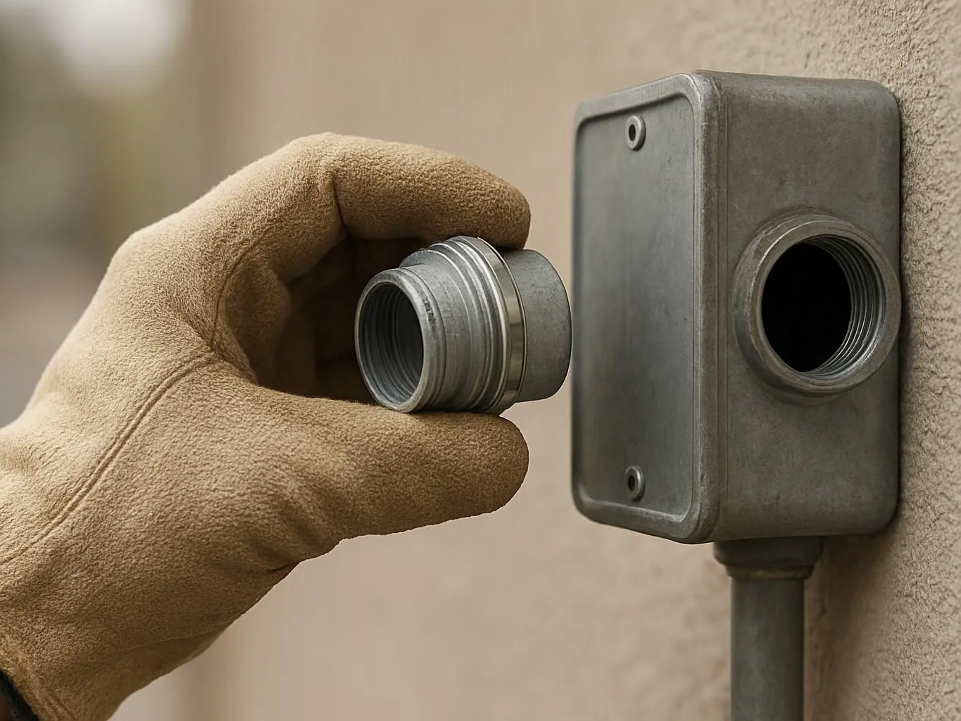 A gloved hand aligns a metal fitting with a wall-mounted electrical box outdoors