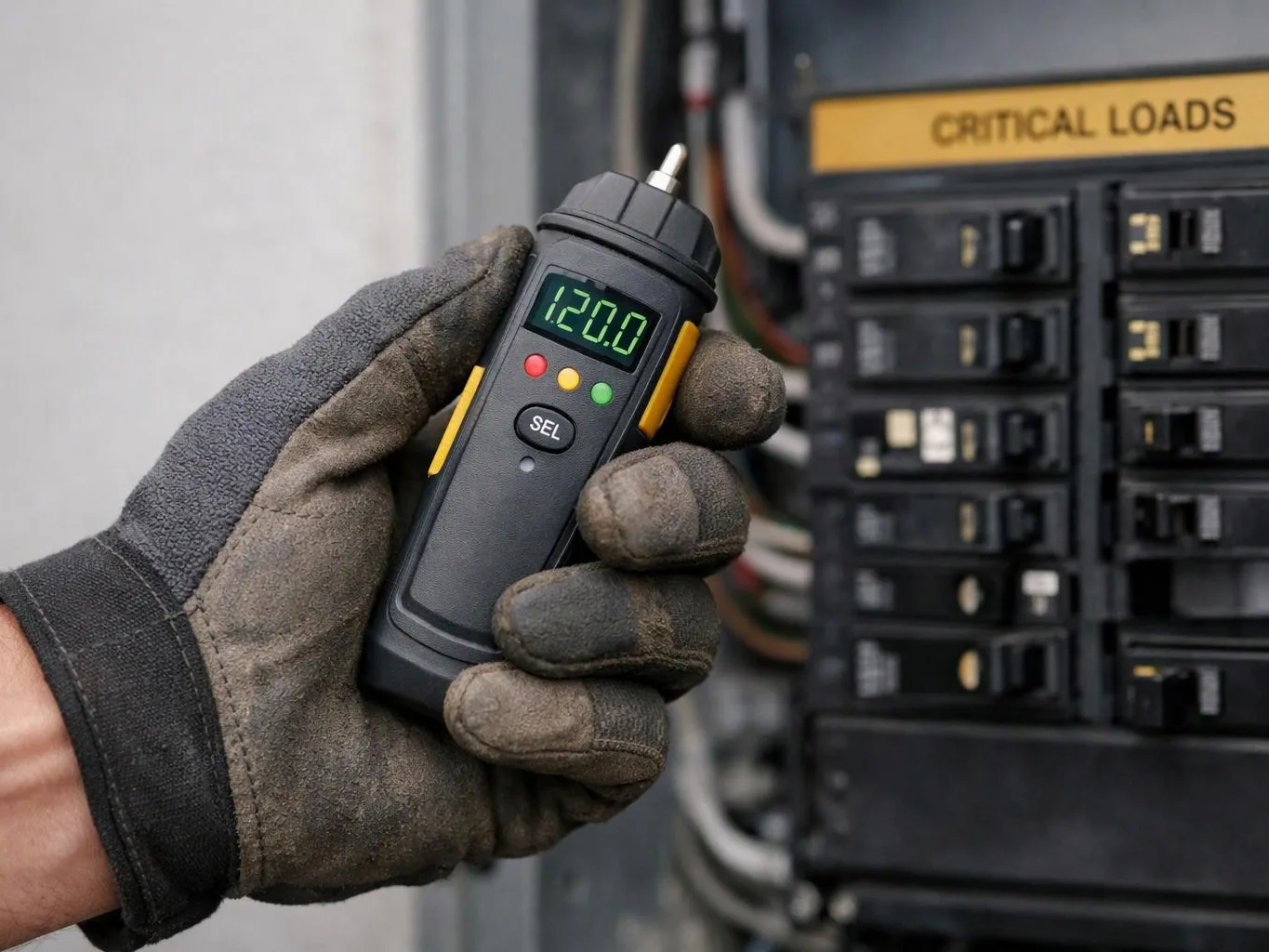 gloved hand holding digital voltage tester