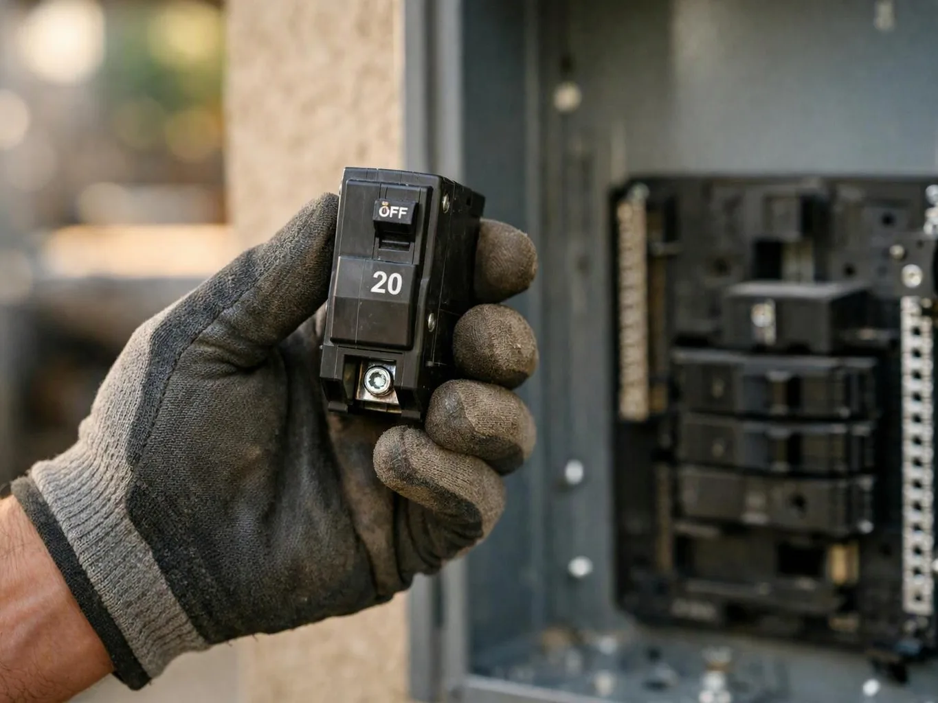A gloved hand holds a 20-amp breaker beside an open electrical panel with other breakers visible