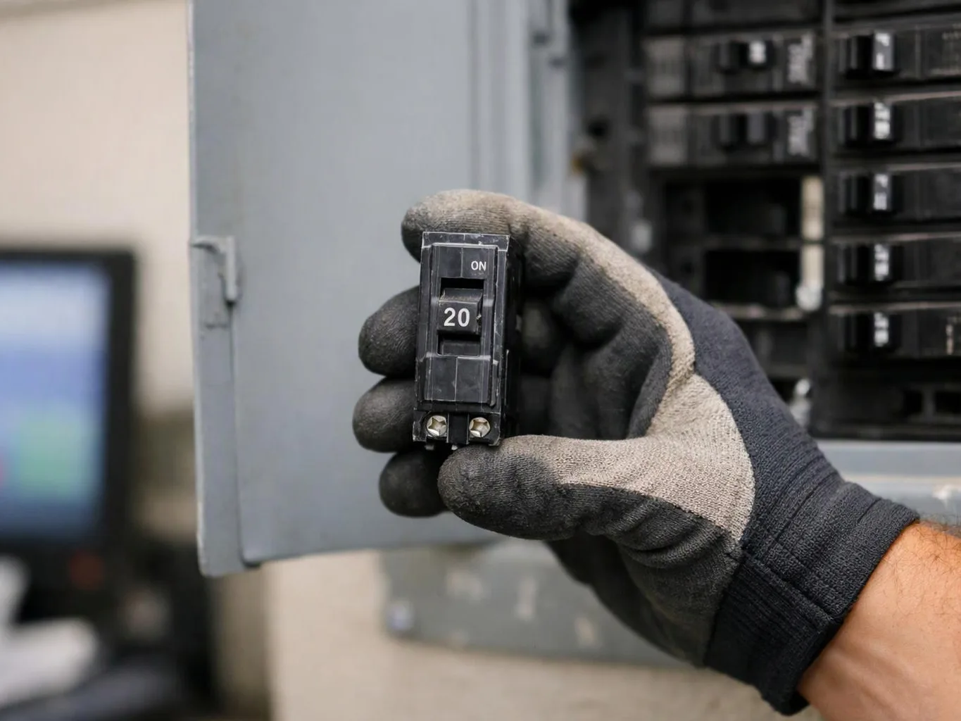 A gloved hand holds a 20-amp circuit breaker beside an open electrical panel