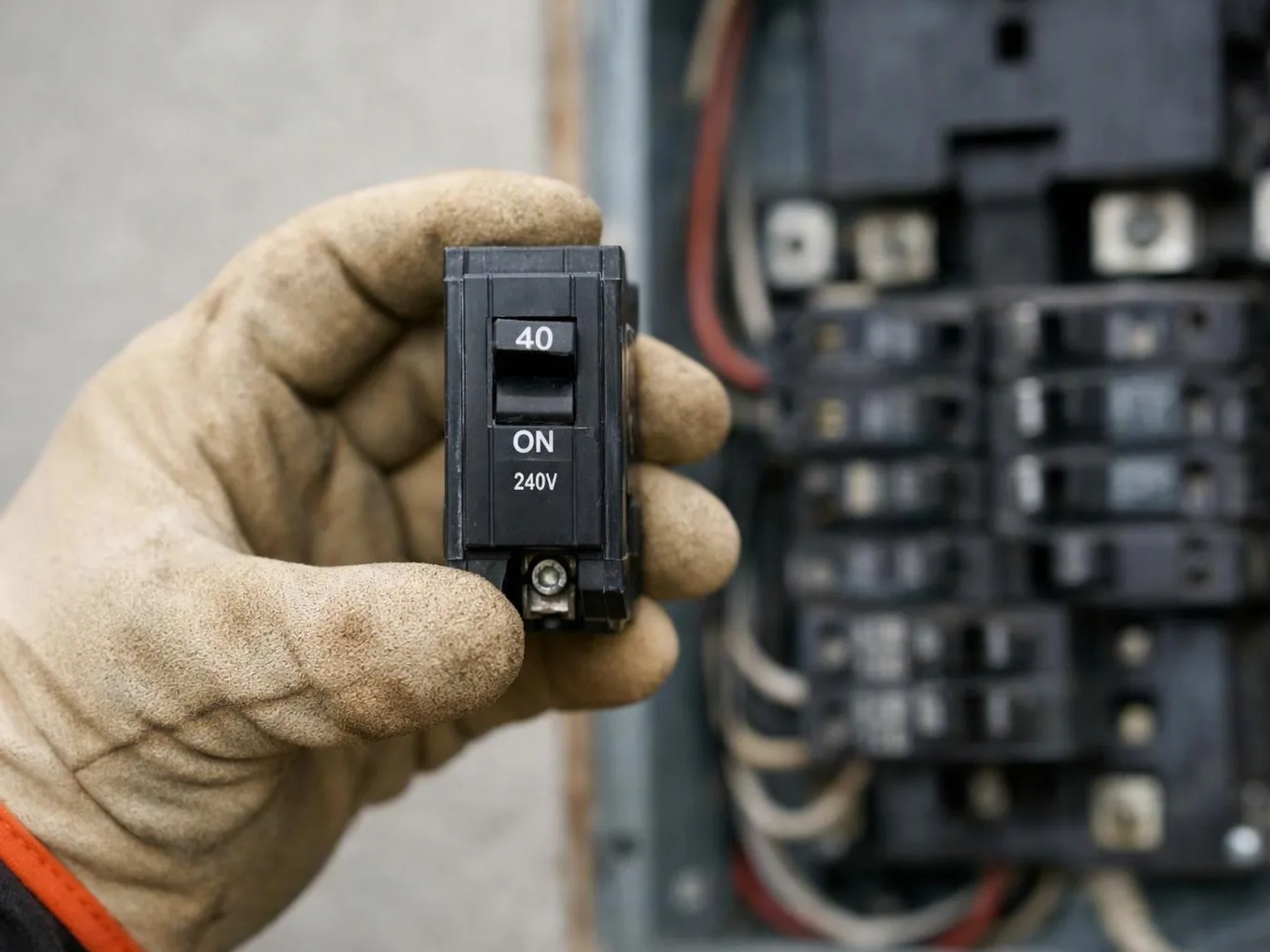 A gloved hand holds a 40 amp circuit breaker in front of an open electrical panel