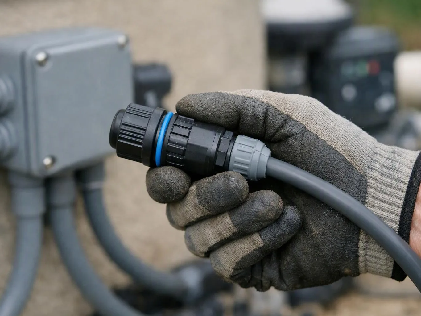 Gloved hand holds a black cable connector beside an outdoor electrical box and hoses