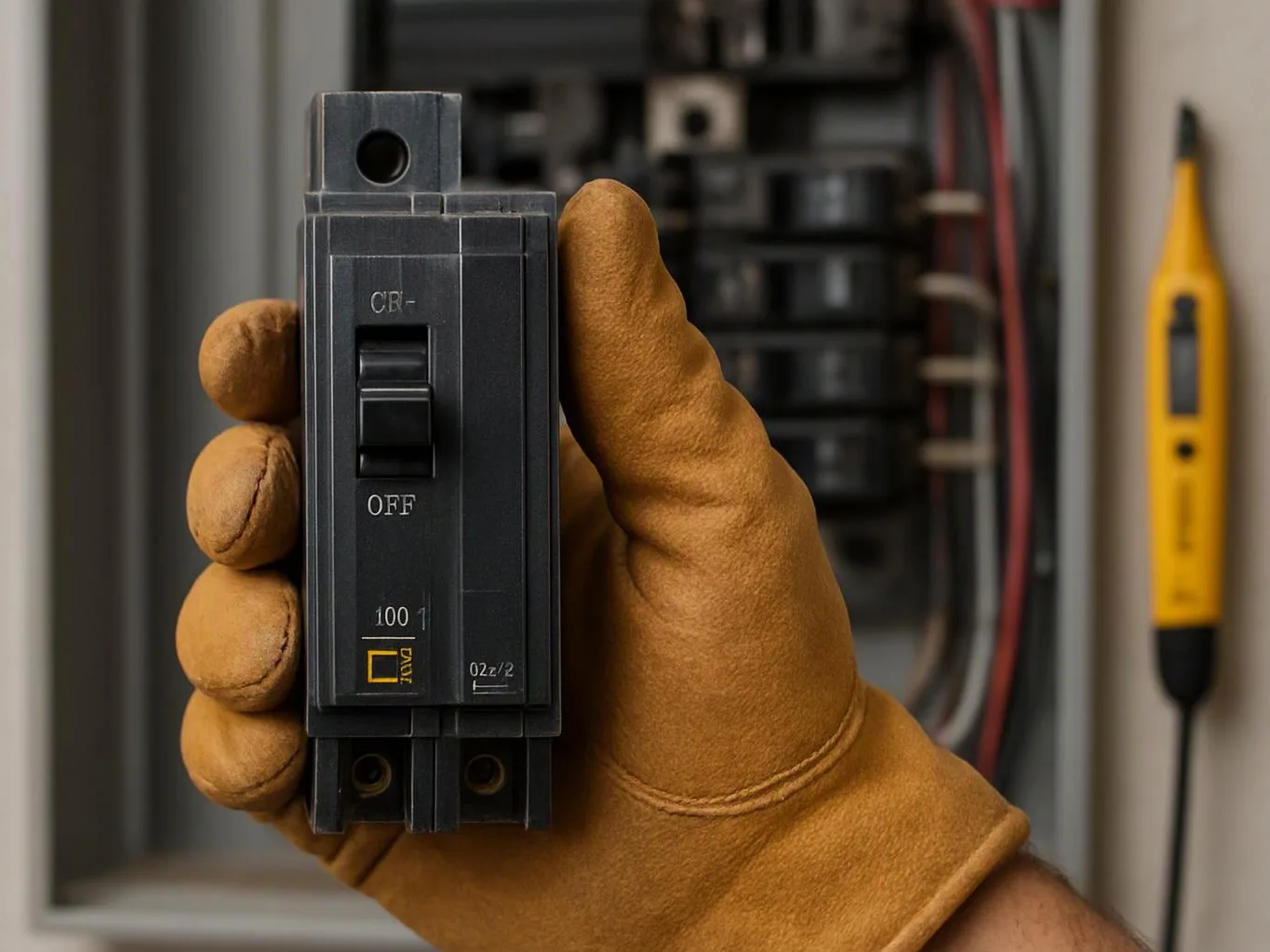 A gloved hand holds a black circuit breaker inside an open electrical panel