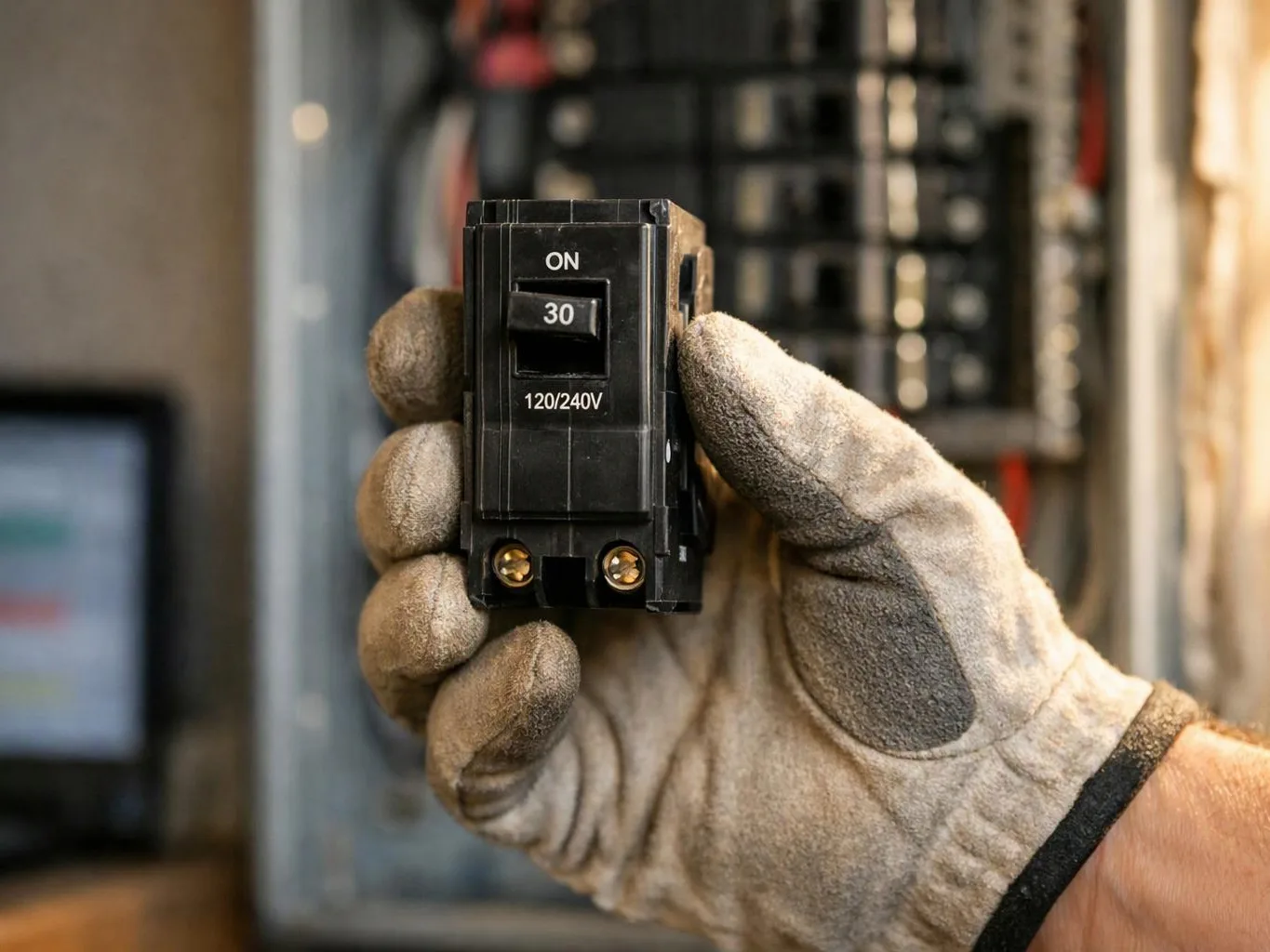 A gloved hand holds a black electrical circuit breaker in front of an open panel