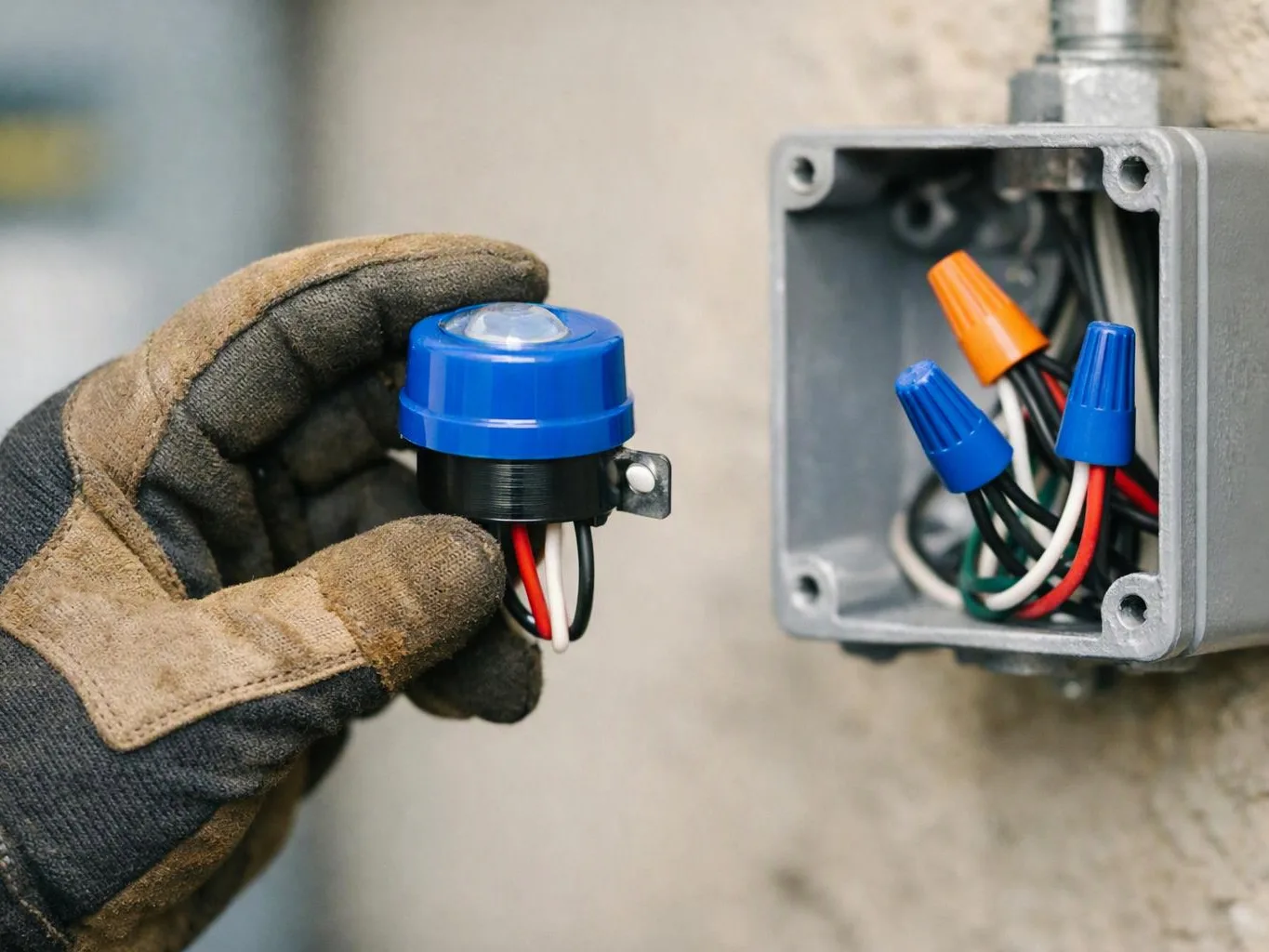 A gloved hand holds a blue electrical sensor beside an open junction box with colored wire nuts